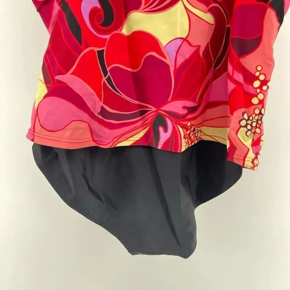 Fanta Sizer Suit Women’s Size 14 Floral Tankini Swimsuit Red Pink Twist Front